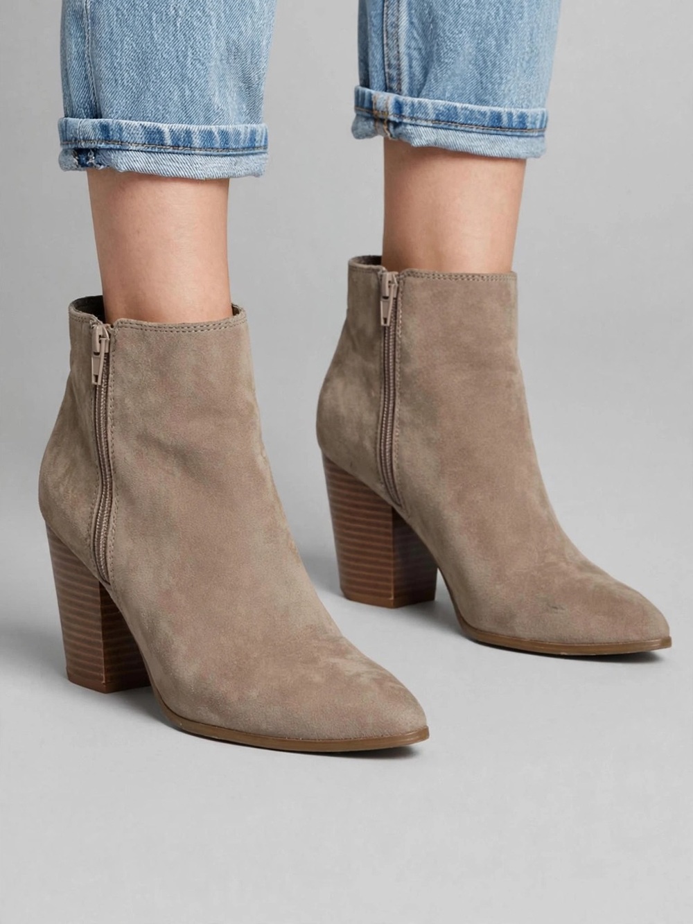 G by Guess Taupe Suede Stacked Heel Ankle Booties